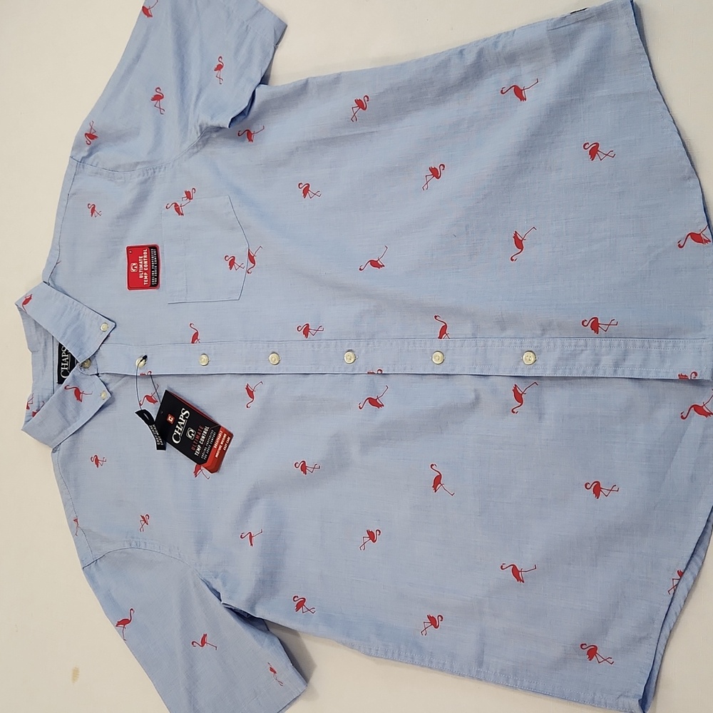 Chaps Easy Care Light Blue Red Flamingo Print Short Sleeve Shirt. Size L - Picture 2 of 11
